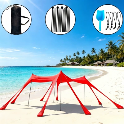 Avtomobil yan çətirləri – Beach Tent Lycra Canopy 8-Pole - 8-red-legs-4-iron-rods-300300200cm-lycra-canopy-tent