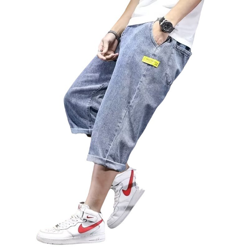 Nueva tendencia de mezclilla de verano para hombres, pantalones cortos de talla grande y rectos sueltos, marca de moda para hombres, pantalones medios de 7 puntos, estilo fino de verano