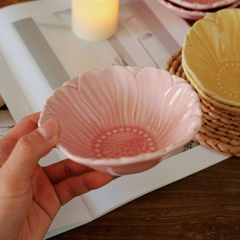 Vintage Embossed Pattern Ceramic Dessert Dish Plate suit Solid Color Household Breakfast Bowl Dim Sum Plate