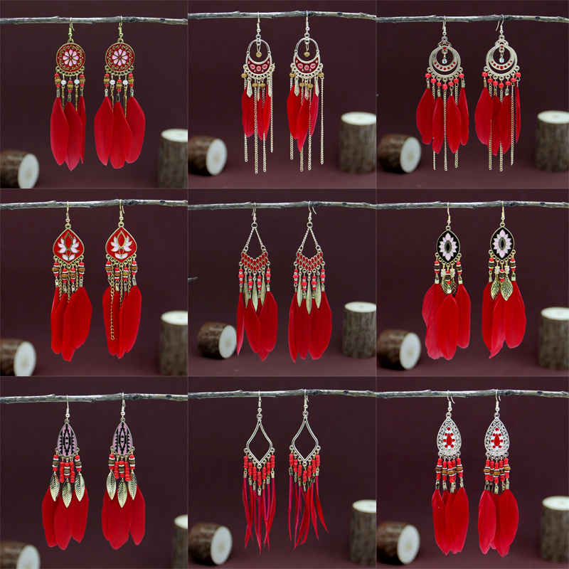 Ethnic long red earrings