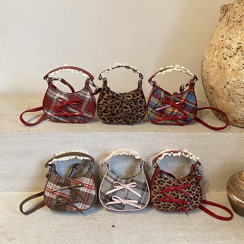Moda coreana de leopardo, bolsos de hombro para niños y niñas, lindos bolsos de mano para bebés con arco, nuevos bolsos de niños a cuadros.