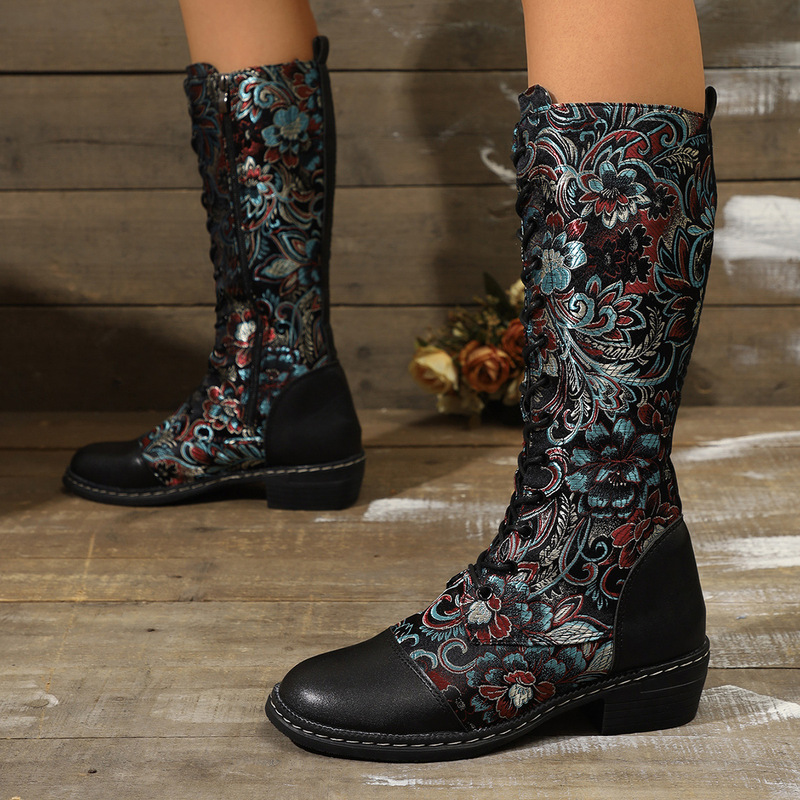European and American Export Large Size New Side Zipper Lace-Up Boots for Women Retro Flats Embroidered Boots Embroidered Low-Heeled Knight Boots