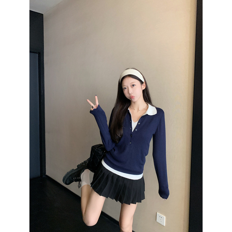 好物2025秋季韩版撞色假两件安迪绒polo领纽扣长袖针织衫毛衣女装|undefined