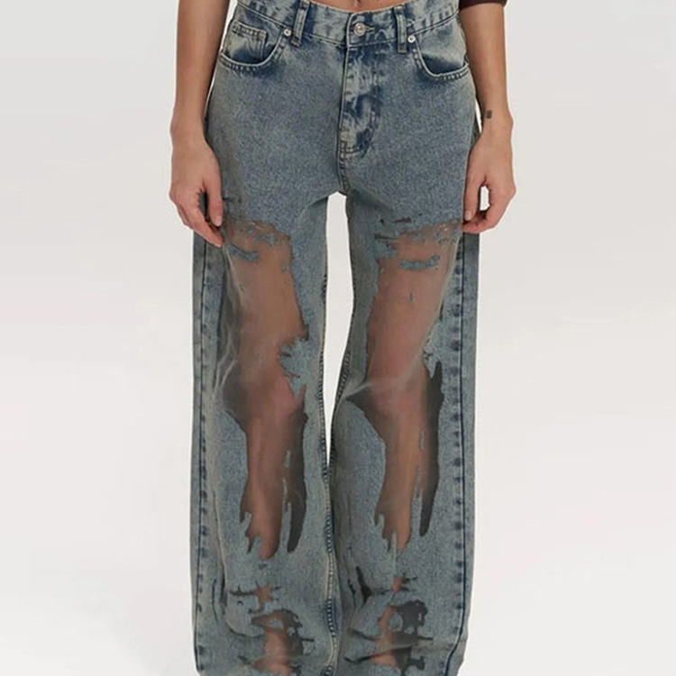 Y2K American Spice Girl Vintage Straight Leg Pants Hollow out Texture Niche Design Jeans Loose Wide Leg Pants