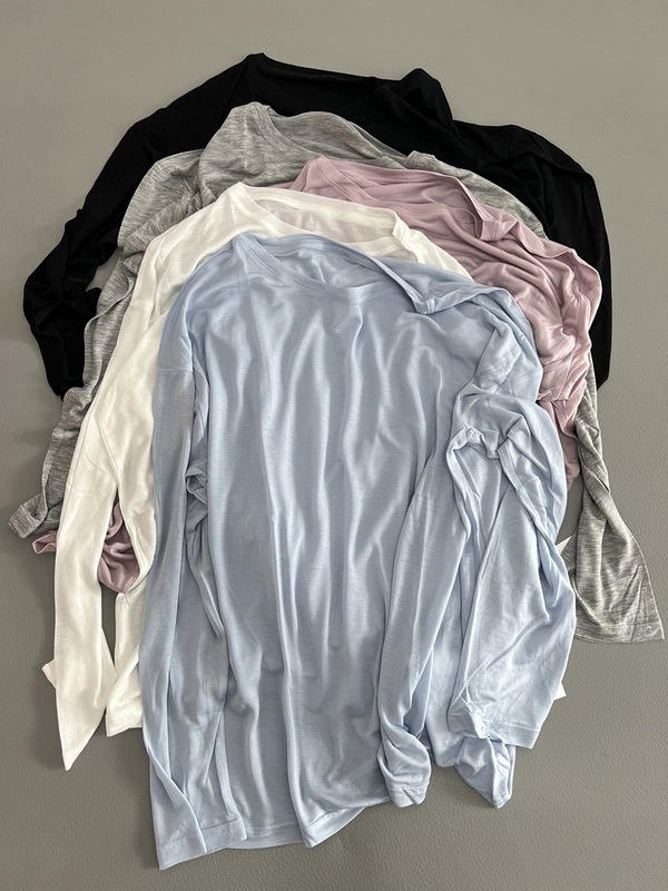 日焼け止めは必要ですが、リヨセルテンセルラウンドネック長袖Tシャツ、ゆったりとした無地のトップス、通気性と薄さ、女性向けの多用途です。|undefined
