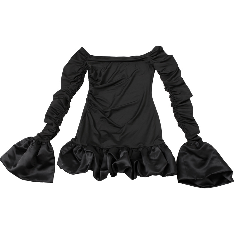 Winter Women Clothing Sweet Fresh off Neck Tube Top Puffed Sleeves Pleated Short Dress