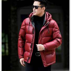 加厚保暖羽绒服免洗鸭绒冬季新款时尚亮面男士防寒连帽外套短款