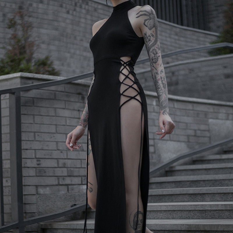 Cross-Border 2025 Summer New Sexy Slim Long Dress European and American Style Sexy Halterneck Cut Out Double Slit Dress for Women