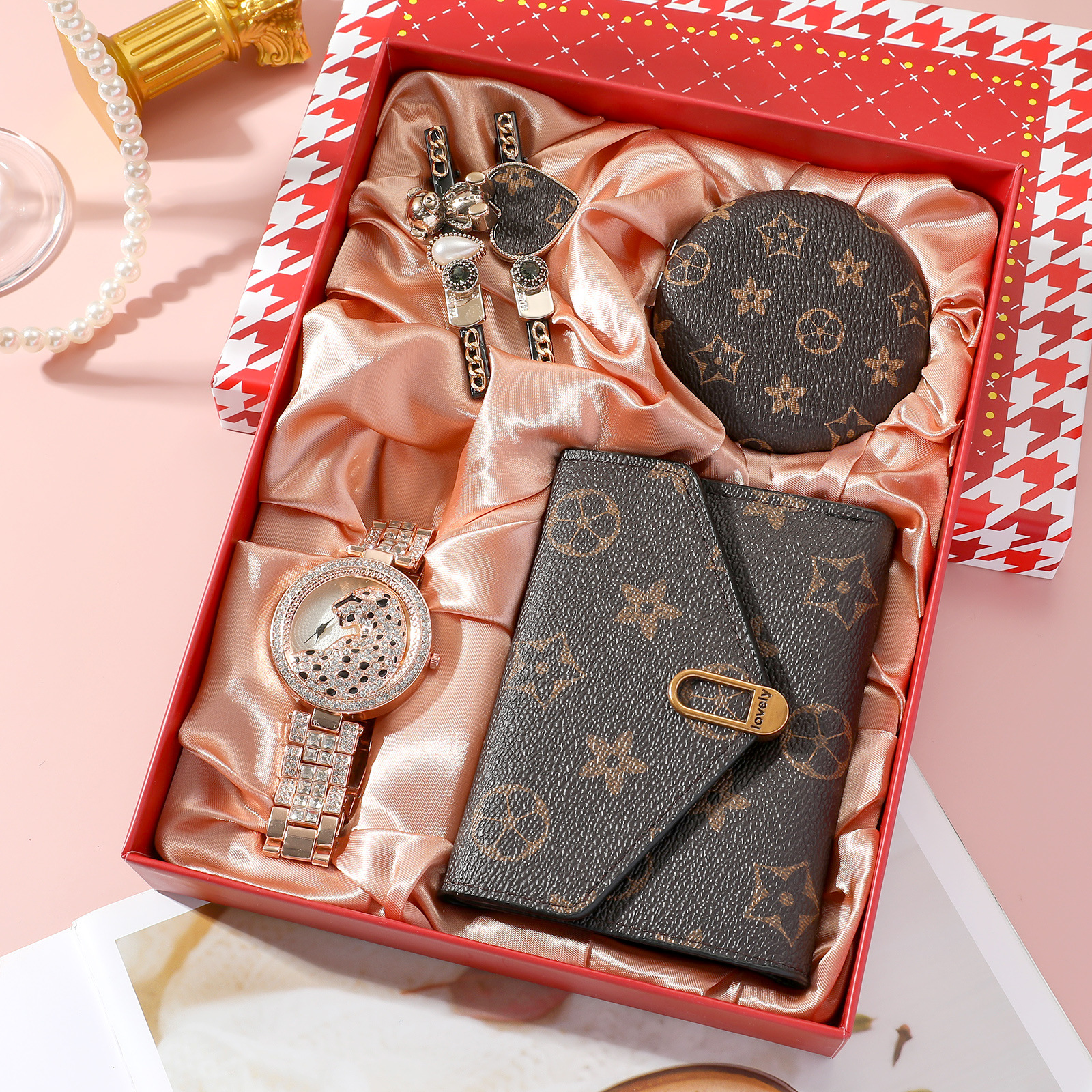 Set de Reloj para Mujer en Caja de Regalo, Reloj Rojo + Cartera + Gafas de Sol + Perfume, Set de 3 Piezas