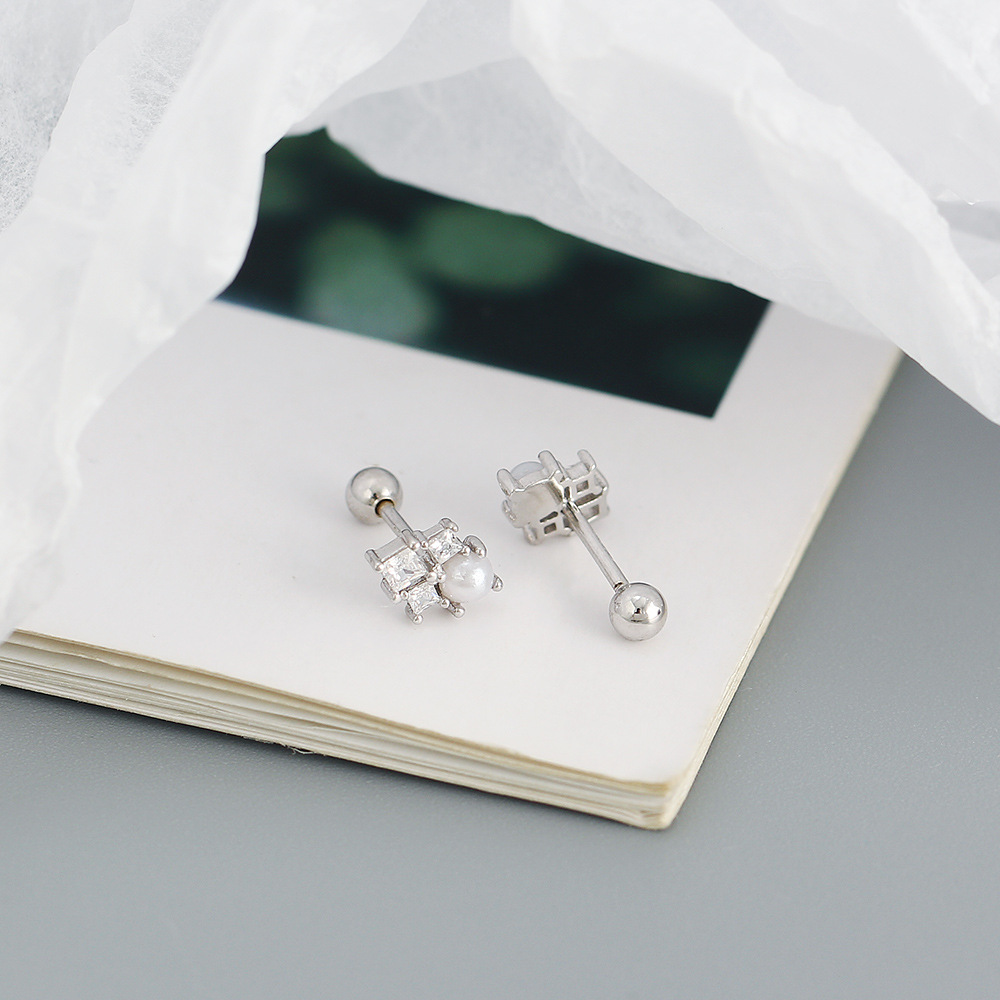 Women's Gender 1 Pair 925 Sterling Silver Imitation Pearl Zircon Geometric Ear Studs