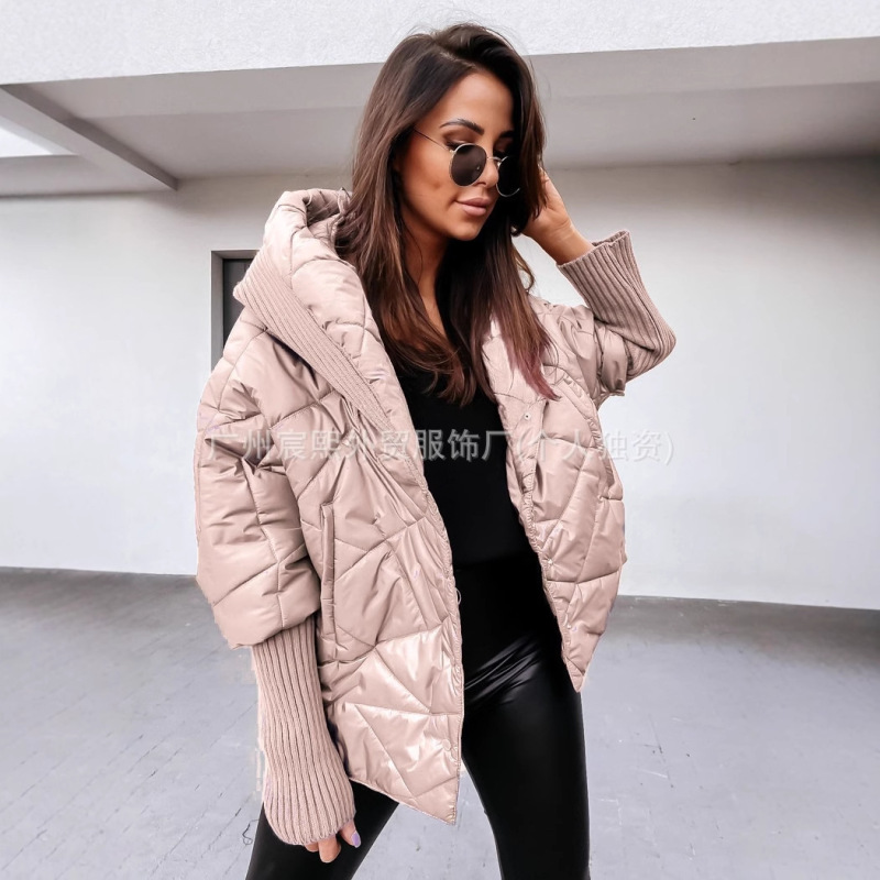 2025独立站毛衣拼接大翻领棉服女新款时尚流行机车炸街高级感外套|undefined