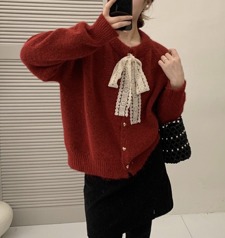 设计感蕾丝系带毛衣开衫女2025新款秋冬季慵懒风加厚软糯针织外套|undefined