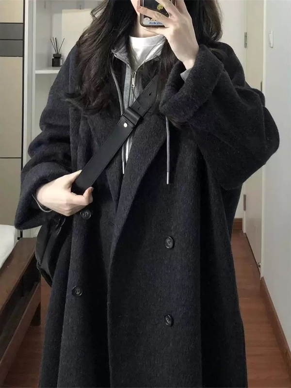 Black and Gray Double-Sided Cashmere Outwear for Women 2025 Autumn and Winter New Korean Style Mid-Length Woolen Outwear Versatile