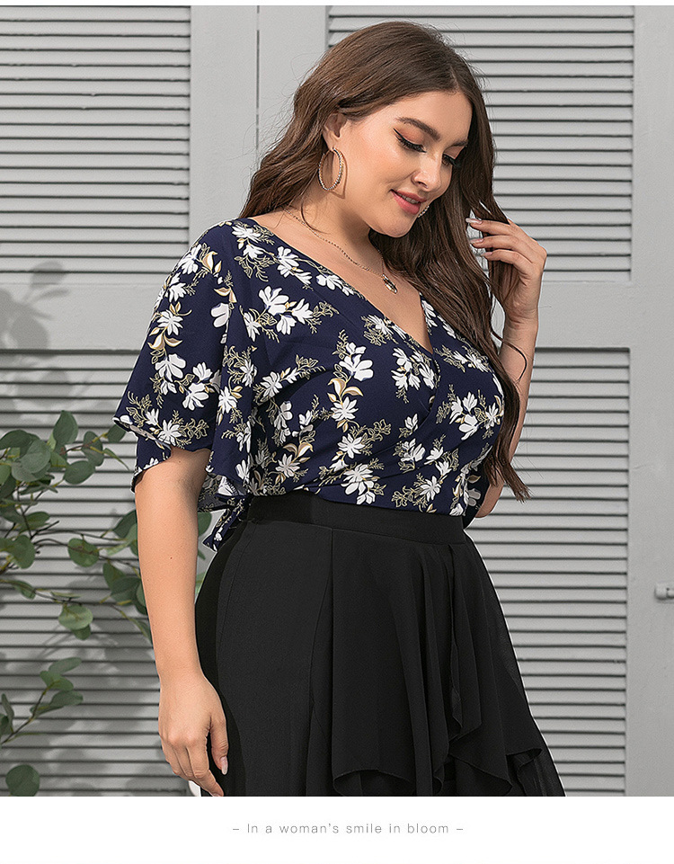 Sexy Deep V Loose Printed Plus Size Blouse NSJR31739