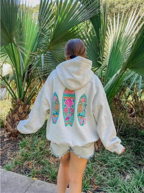 2025 Popular Export Hawaii Hibiscus Sweatshirt Ins Women's Dropped Shoulder Sleeve Threaded Hoodie Printing