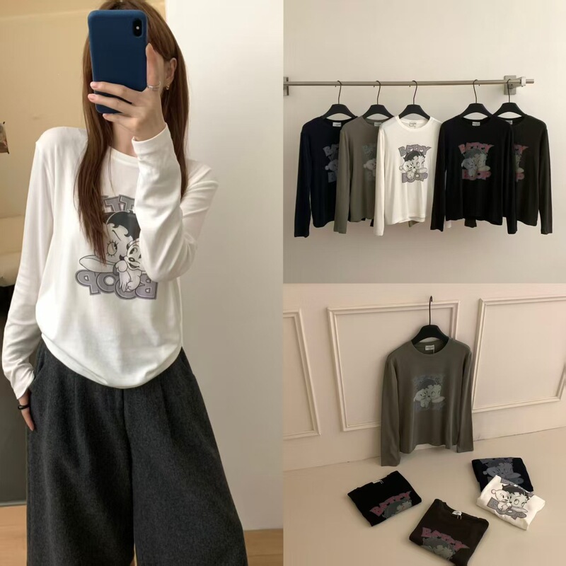 Korean-style versatile little girl's cartoon Betty print slim-fit long-sleeve T-shirt, base shirt, slimming top