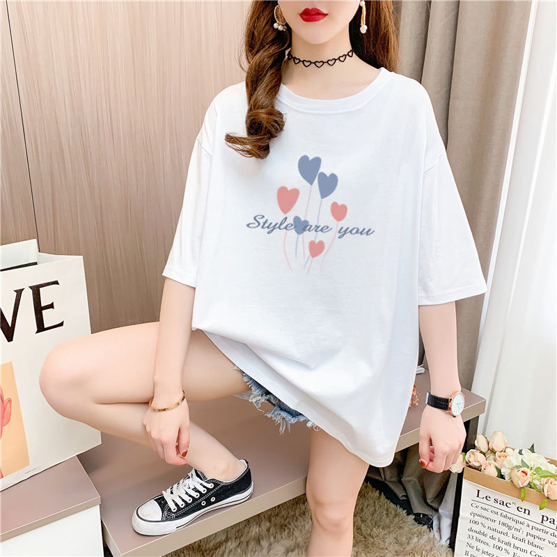 2024夏季新款女士t恤短袖打底衫白韩版印花宽松加大码上衣服ins潮