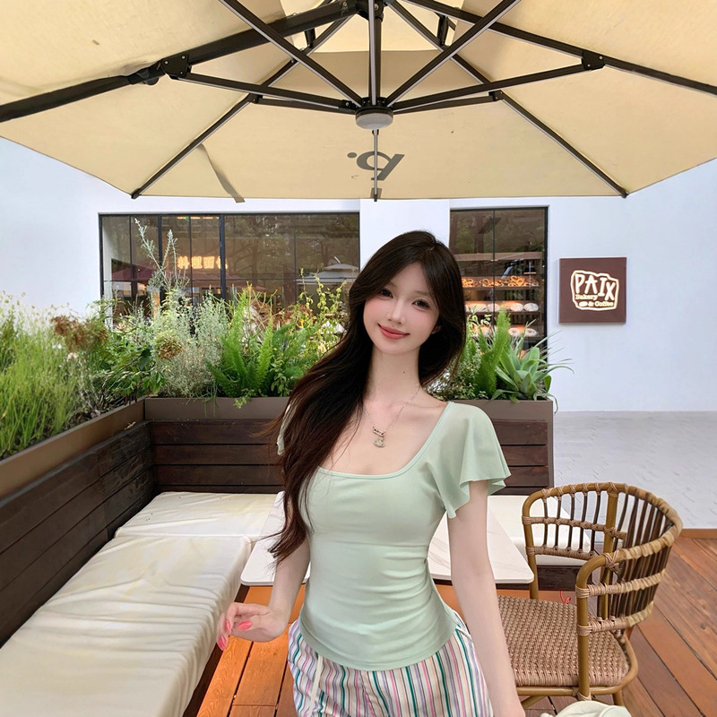 Pure Desire White Square Neck Small Flying Sleeve T-Shirt Women's Summer Design Niche Slim Fit Short Sweet Hot Girl Top