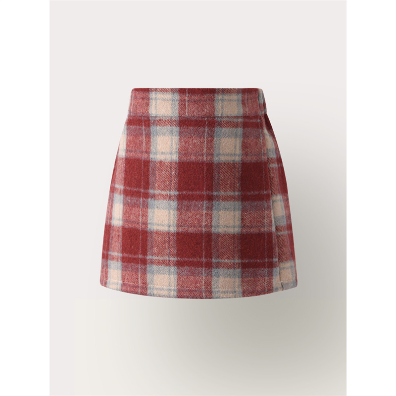 女童紅色格子包臀裙2024秋冬韓版兒童洋氣半身裙女孩毛呢高腰短裙
