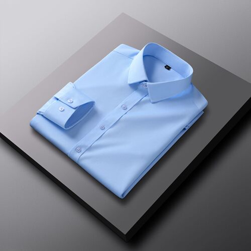 Men's Pure Color Four-Way Stretch Iron-Free Tailored Long-Sleeve Shirt without Pockets for Spring and Autumn