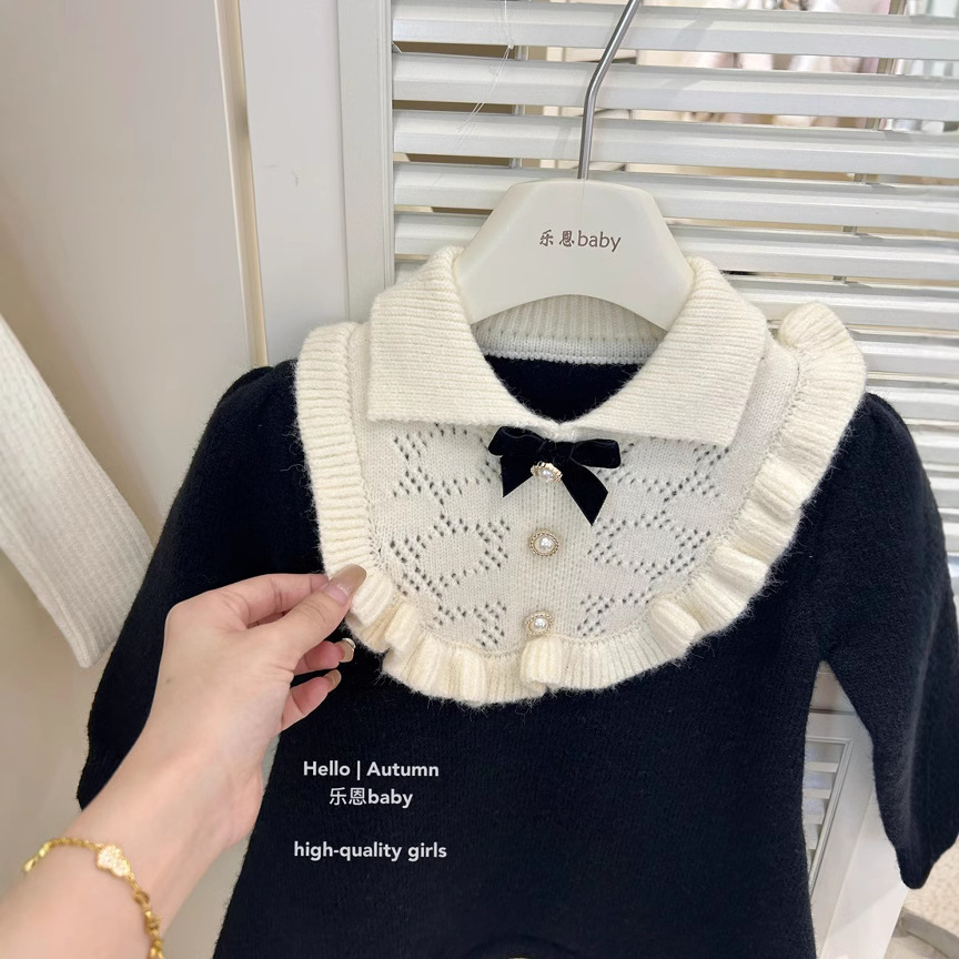 [Leen Kids] Otoño e invierno para niñas nuevo vestido de fragancia pequeña negra falda de punto de estilo occidental falda de princesa de moda