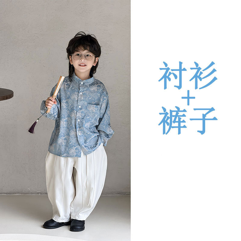 Комплект, синяя рубашка, белые штаны