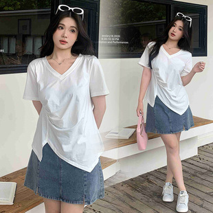 Plus size summer chubby girl suit slimming meat-covering summer knitted outer wear V-neck top T-shirt Denim skirt 3042