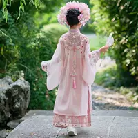 Розовый комплект Hanfu для девочек: детский стиль династии Мин, высококачественная заколка для волос и юбка с лошадиной мордой в древнем китайском стиле с вышивкой в виде облаков на плечах.