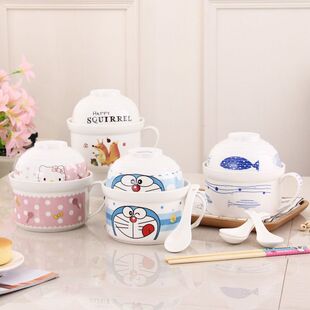 Ceramic Instant Noodle Bowl Japanese Style Large Cute Fresh-Keeping Bowl Set Cartoon Tableware with Lid Student Lunch Box Chopsticks and Spoon