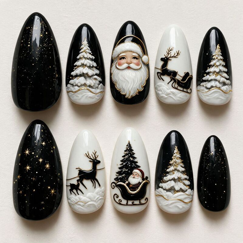 30-piece Christmas nail art set with black Santa Claus and Christmas tree patterns, popular European and American fashion nail art