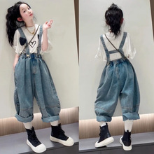 女童夏季套装2025新款中大童韩版恤小女孩洋气牛仔背带裤两件套