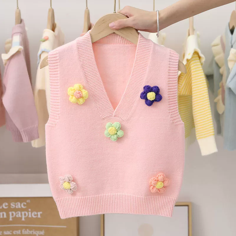 Children's vest, jacket, thin sweater sleevless, V-neckline, flowered
