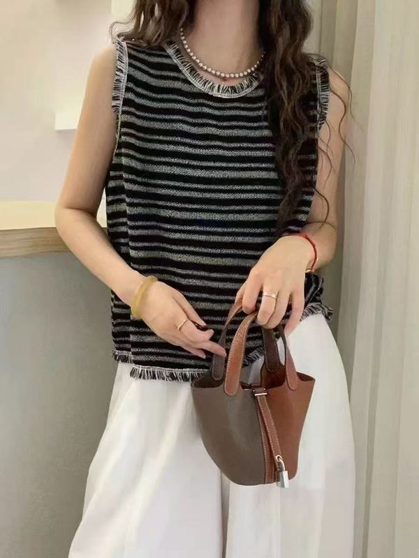 夏の新しいファッションデザインの小さな香りのラウンドネックストライプローエッジセーターベスト女性の多用途カジュアルトップ|undefined
