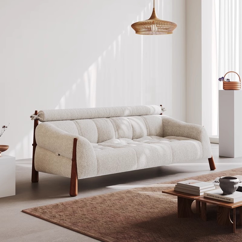 Medieval Style Cream Solid Wood Designer Creative Small Apartment White Retro Ash Three-Seat Fabric Sofa