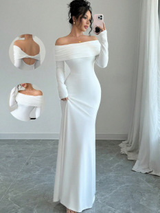 Foreign Trade 2025 Spring Women's Clothing One-Shoulder Sliding Slimming Stylish and Elegant Hip-Winning Long Evening Dress