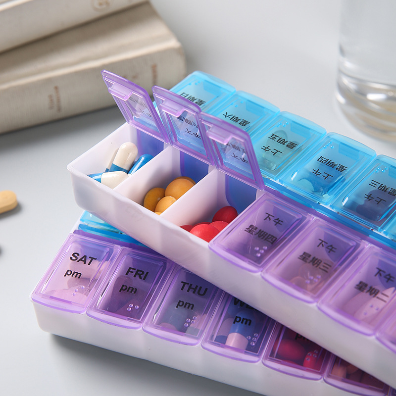 Caja portátil de doble capa de 14 celdas, paquete de paquete a prueba de polvo una semana, paquete de paquete de 14 celdas, caja de almacenamiento de tabletas de medicamentos