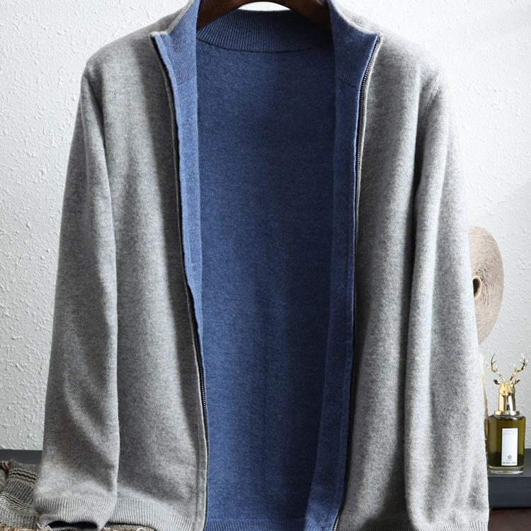 Pure Wool Knitted Cardigan Men's Half-height Business Casual 2024 Autumn and Winter New Double-sided Colorblock Zipper Long-sleeved Jacket