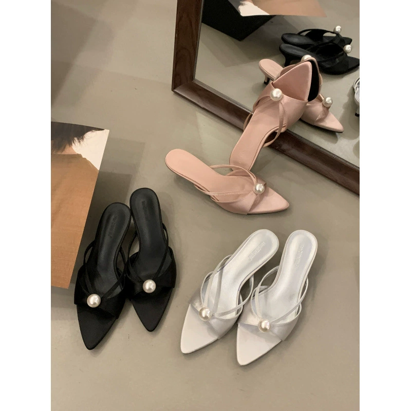 2025 новые летние модные женские шлепанцы в корейском стиле на шпильке с острым носком и высоким каблуком