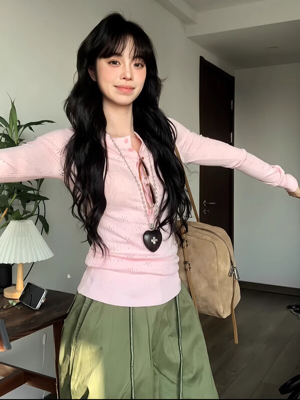 美式亨利领长袖t恤女春季新款辣妹镂空针织衫修身打底设计感上衣|undefined