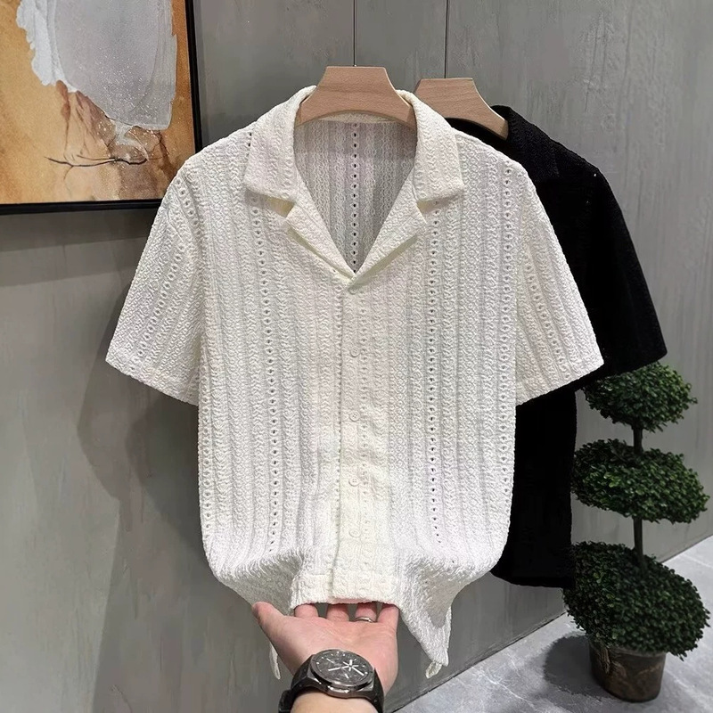 Men's T-Shirt Men's Striped Texture Slim Fit Straight Short-Sleeved Casual Woven Shirt European and American Simple Style