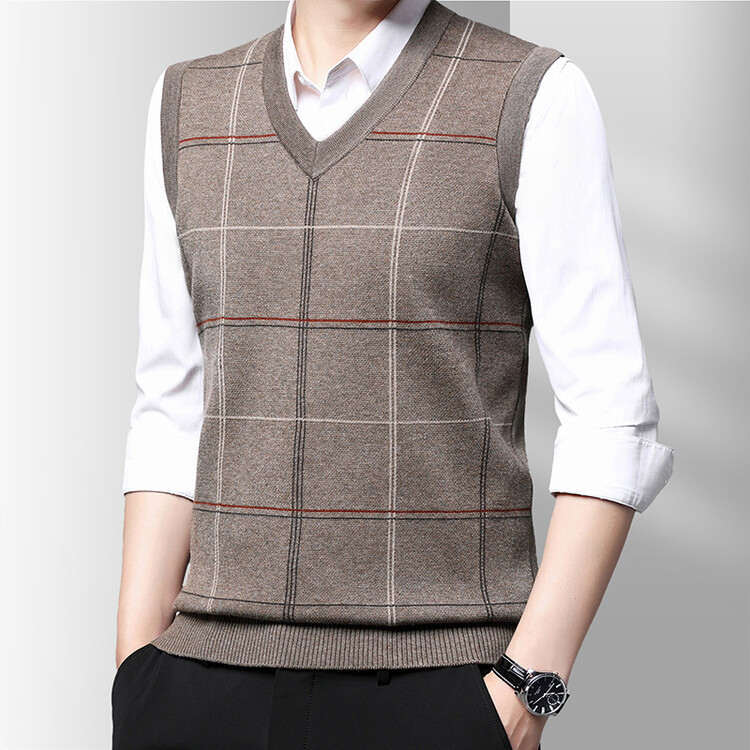 New Knitted Vest for Men, V-Neck Woldlet Business Plaid Jacquard Sleeveless Top, Business Middle-Aged Wool Vest