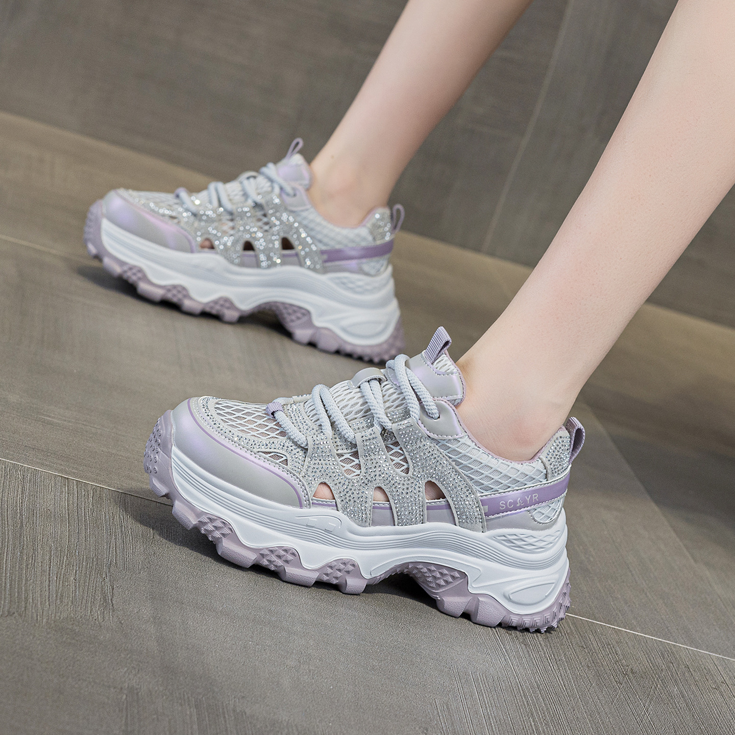 Giày sneaker nữ đế dày tăng chiều cao lưới thoáng khí mùa hè 2026 — Trắng 5075, Champagne 5075, Tím 5075