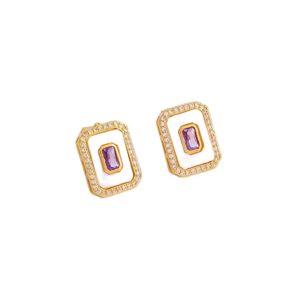 Fashionable retro purple geometric square stone inlay with zircon