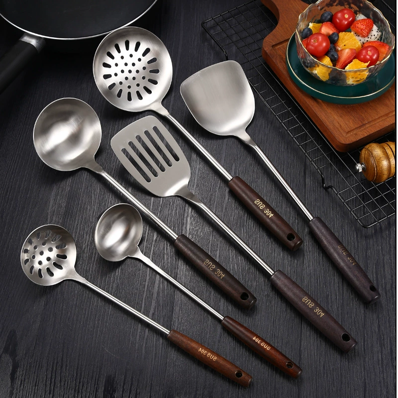 Нержавеющая сталь 304 ретро черный деревянная ручка кухонный набор spatula большого размера, большой утечка ложка для супа, сковорода кухонные принадлежности