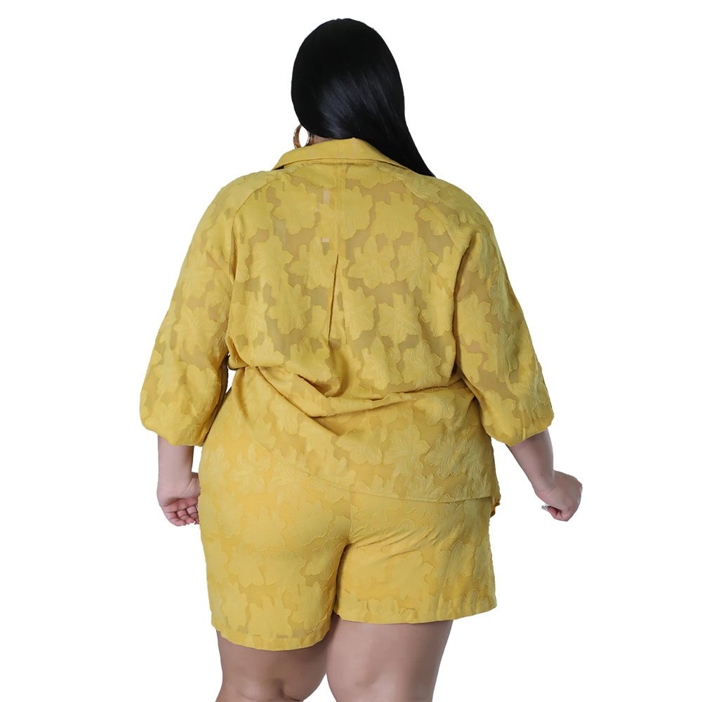 Spring Summer Women's Chiffon Jacquard Clothing Set Hollowed out Top And Shorts_ecoleips.com
