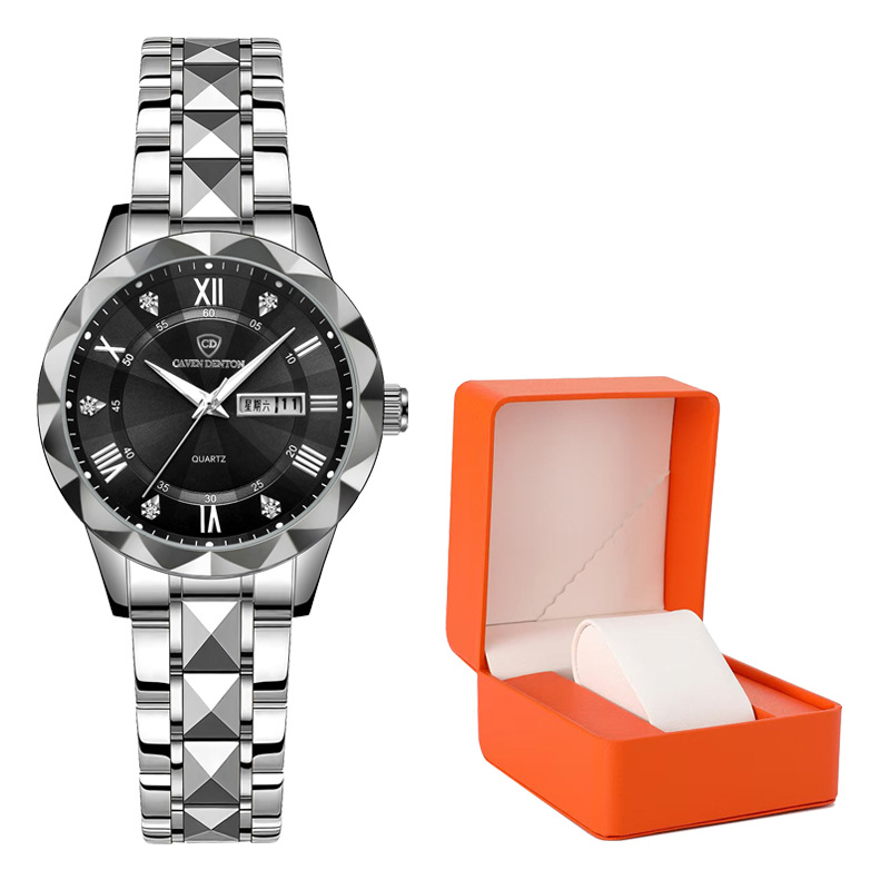 듀얼 캘린더 블랙 페이스(스틸 컬러 스트랩) - 오렌지색 선물 상자