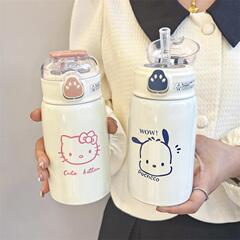 猫爪保温カップ高颜値かわいいhello女子ストローカップ316ステンレス携帯学生児童カップ