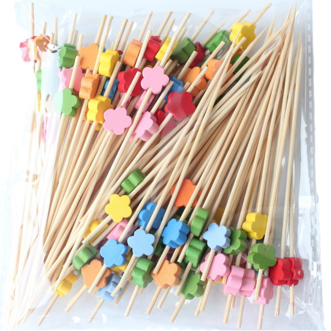 Directo de fábrica al por mayor colorido ciruela flor desechable palo de fruta palo de bambú tenedor de fruta creativo sándwich palo de fruta enchufe