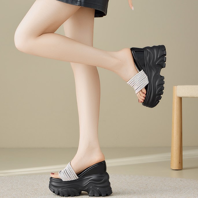 Sandal cao gót nữ hở mũi đính đá, gót 14 cm, đế xuồng nhẹ, quai ngang — màu đen, màu trắng ngà