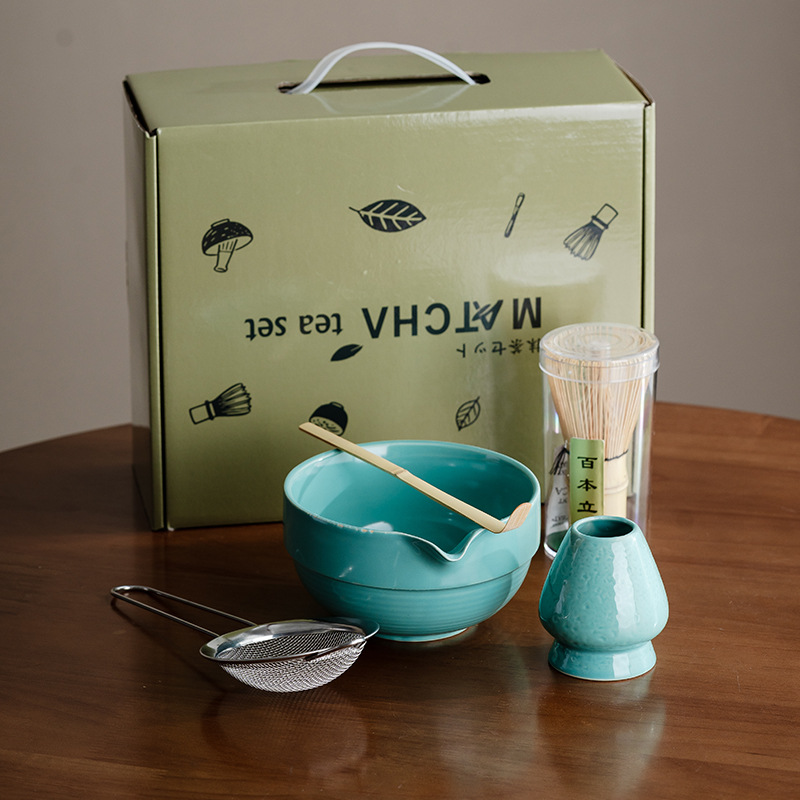 [유스 레이크 블루] 해머 패턴 배 말차 그릇 5종 세트 (선물 상자)